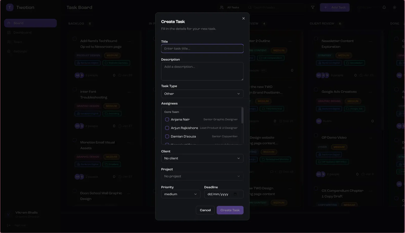 Create task modal showing form fields for title, description, assignees, and deadline